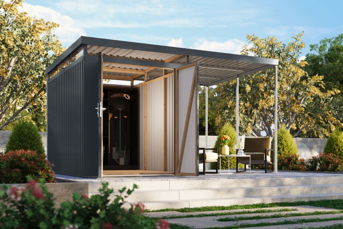 Plechový domek KARIBU AURUM 2,5 + přístavek 200 cm (53681) antracit LG4840