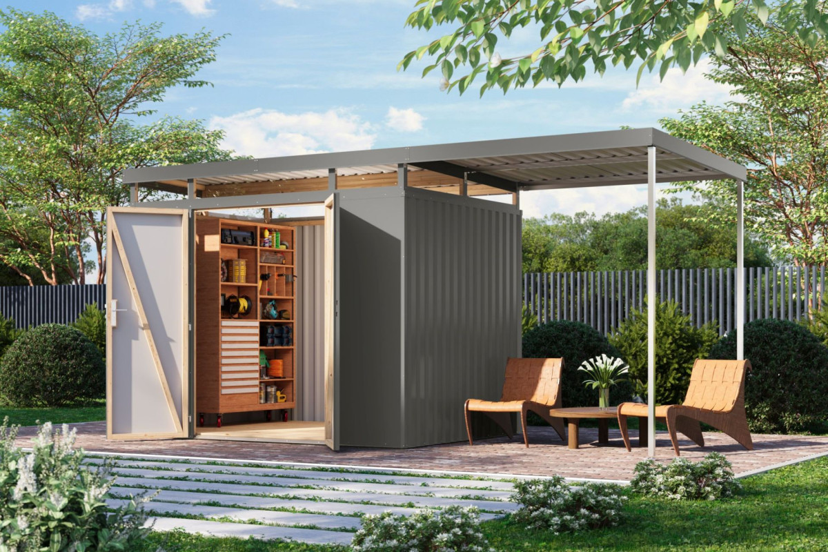 Plechový domek KARIBU AURUM 3 + přístavek 200 cm (53682) šedý LG4842