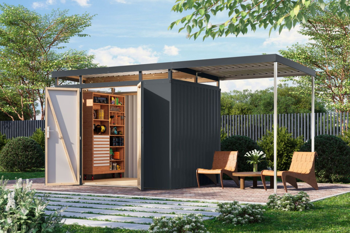 Plechový domek KARIBU AURUM 3 + přístavek 200 cm (53683) antracit LG4843