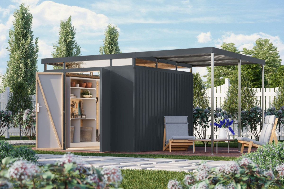 Plechový domek KARIBU AURUM 3,5 + přístavek 200 cm (53694) antracit LG4844