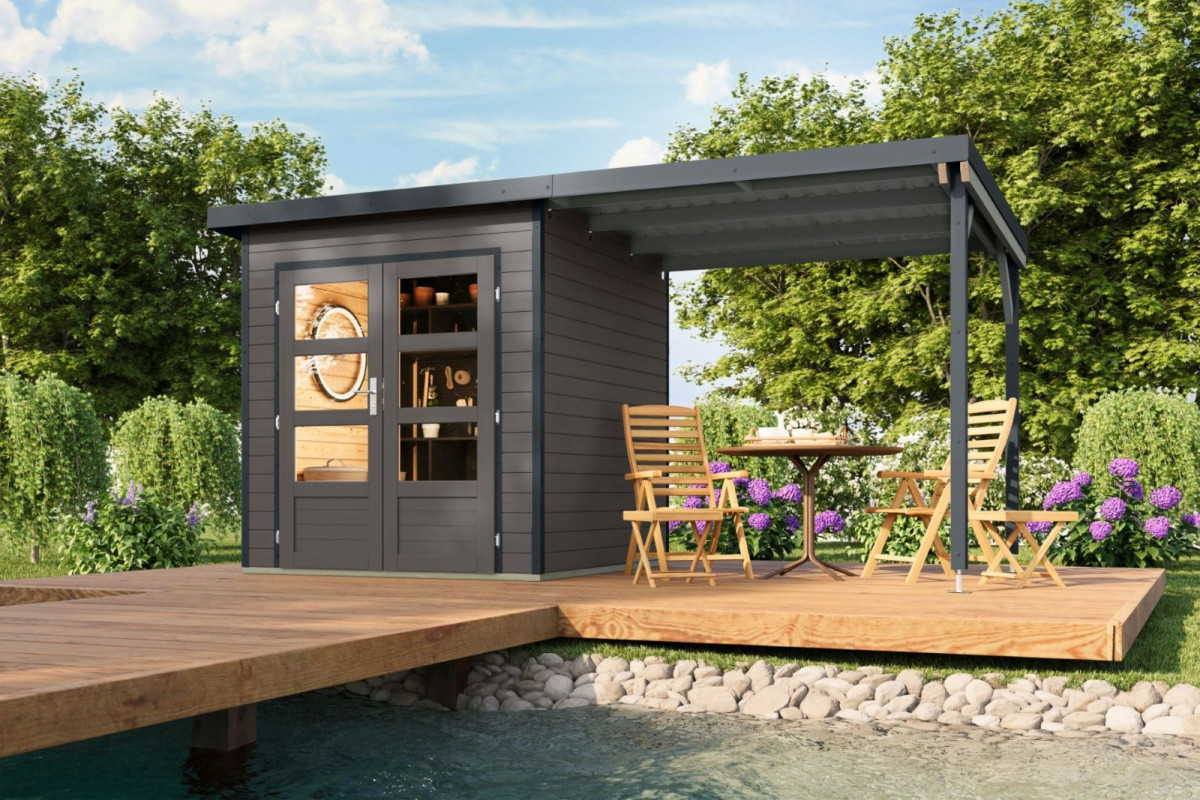 Hybridní domek KARIBU PLUTO 1 (48336) terragrau / antracit + 233 cm přístavek LG4876