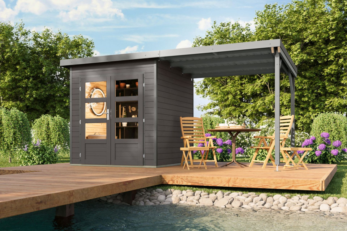 Hybridní domek KARIBU PLUTO 1 (48322) terragrau / šedý + 233 cm přístavek LG4877