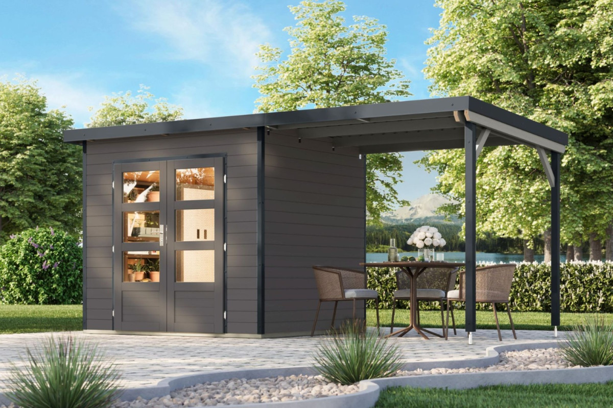 Hybridní domek KARIBU PLUTO 2 (48347) terragrau / antracit + 233 cm přístavek LG4882