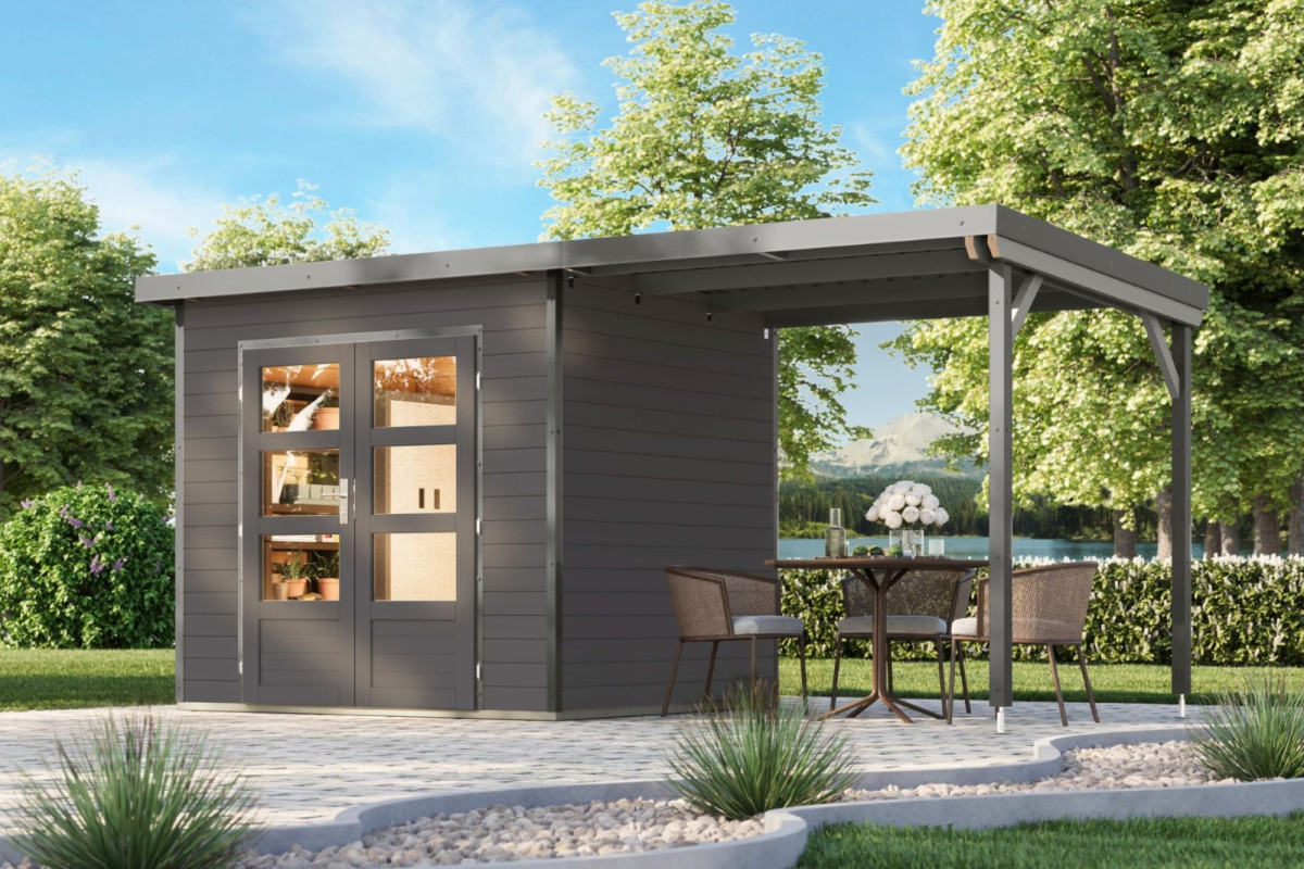 Hybridní domek KARIBU PLUTO 2 (48346) terragrau / šedý + 233 cm přístavek LG4883