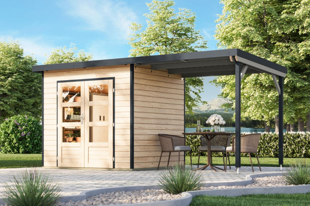 Hybridní domek KARIBU PLUTO 2 (48340) natur / antracit + 233 cm přístavek LG4885