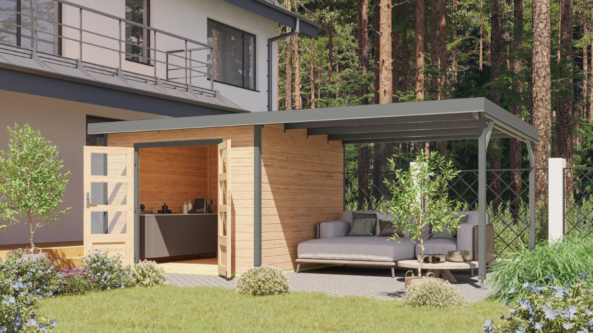 Hybridní domek KARIBU PLUTO 6 (12435) natur / šedý + 300 cm přístavek LG4886