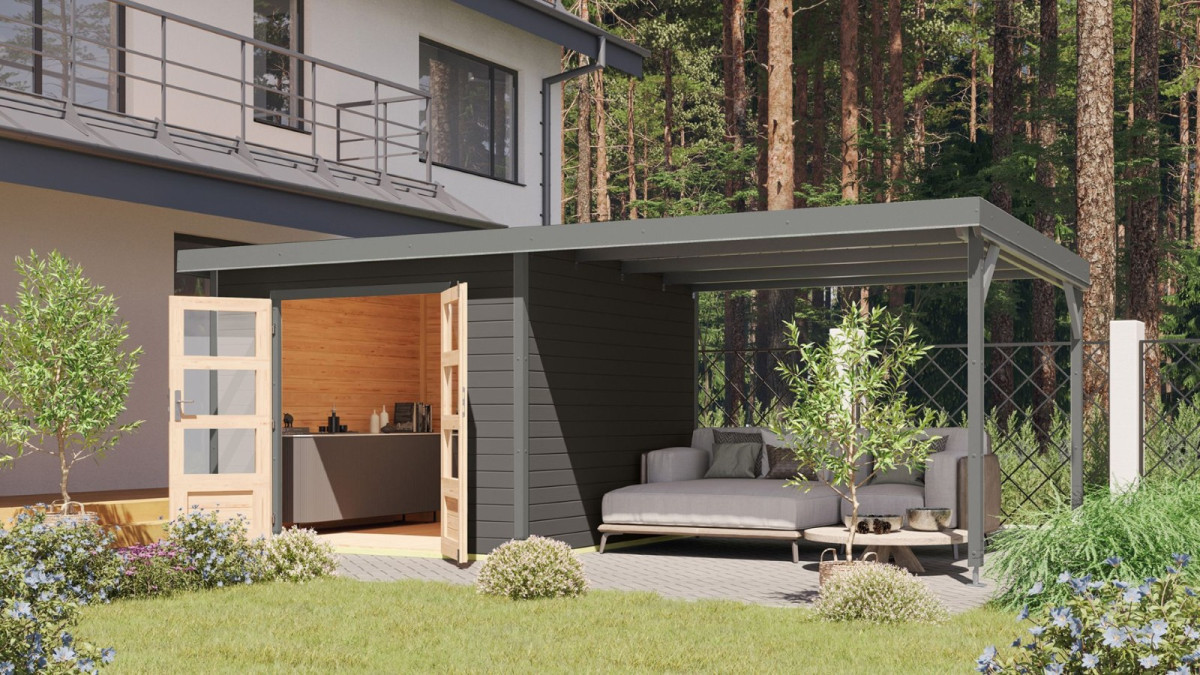 Hybridní domek KARIBU PLUTO 6 (12436) terragrau / šedý + 300 cm přístavek LG4888