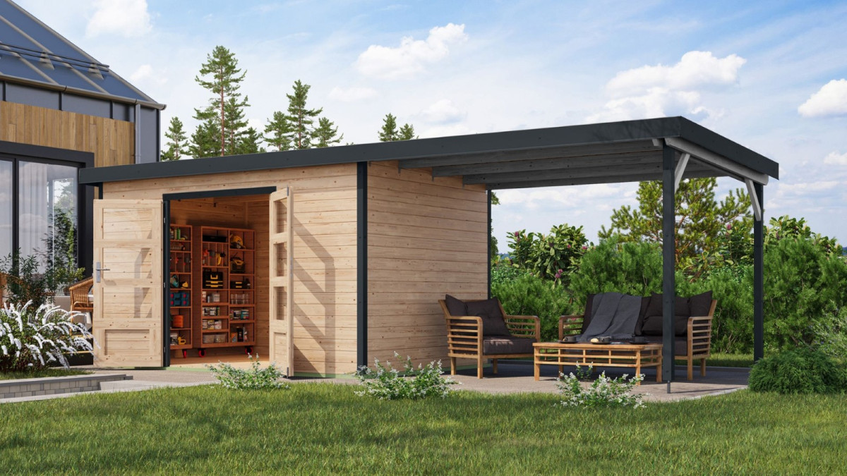 Hybridní domek KARIBU PLUTO 7 (12453) natur / antracit + 300 cm přístavek LG4893