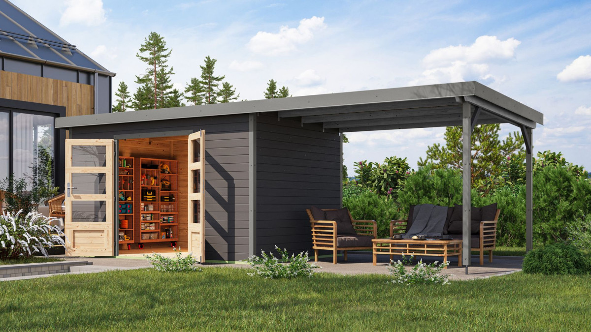 Hybridní domek KARIBU PLUTO 7 (12455) terragrau / šedý + 300 cm přístavek LG4896