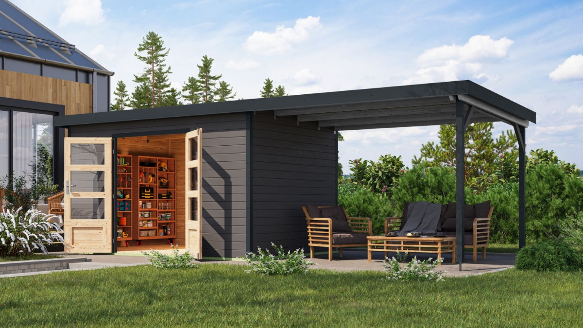 Hybridní domek KARIBU PLUTO 7 (12456) terragrau / antracit + 300 cm přístavek LG4897