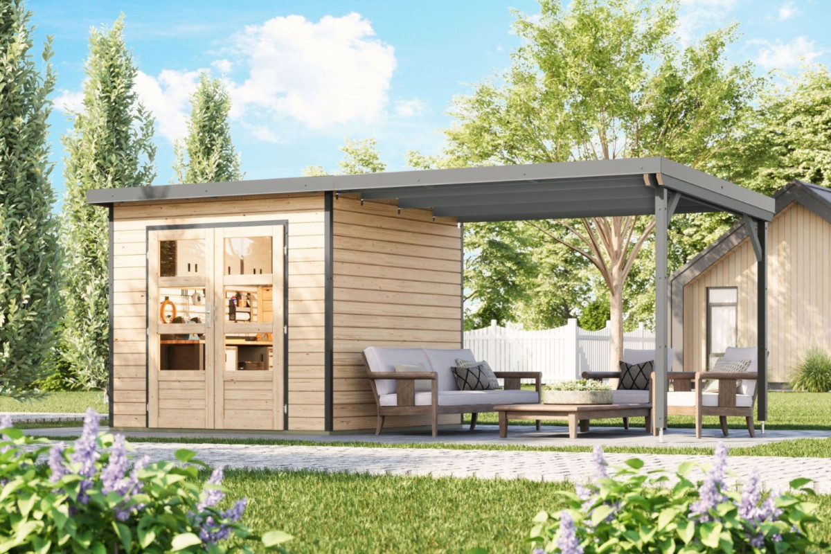 Hybridní domek KARIBU PLUTO 3 (50524) natur / šedý + 300 cm přístavek LG4901