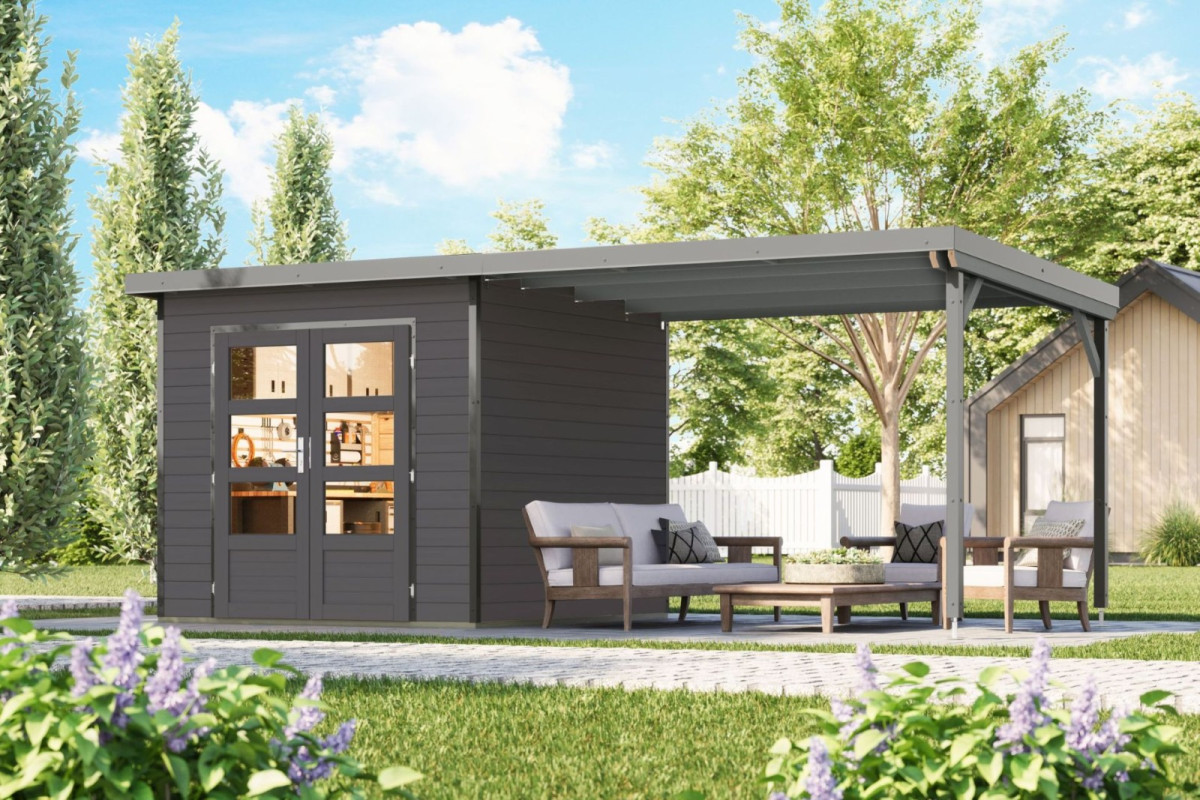 Hybridní domek KARIBU PLUTO 3 (50530) terragrau / šedý + 300 cm přístavek LG4902