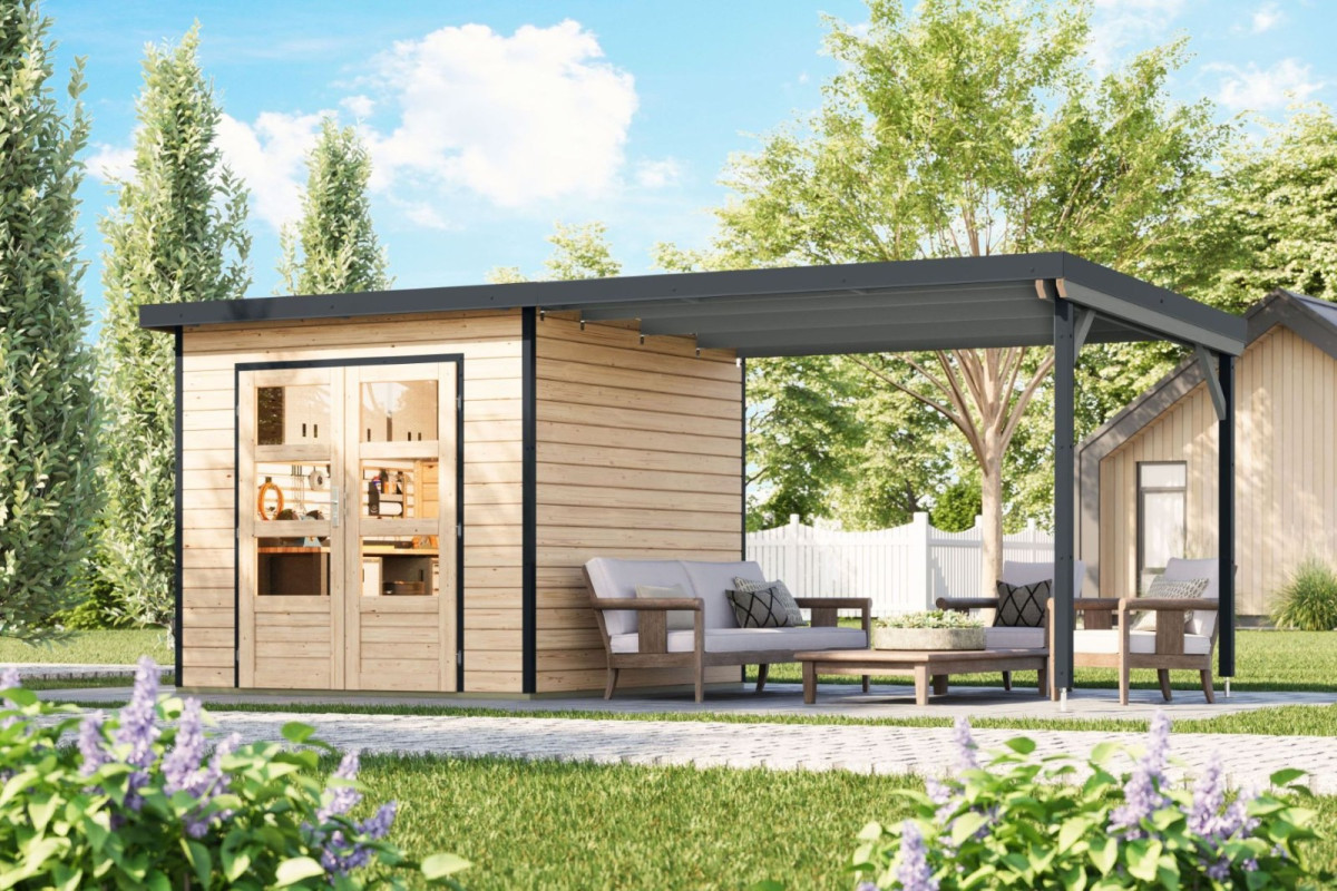 Hybridní domek KARIBU PLUTO 3 (50527) natur / antracit + 300 cm přístavek LG4904