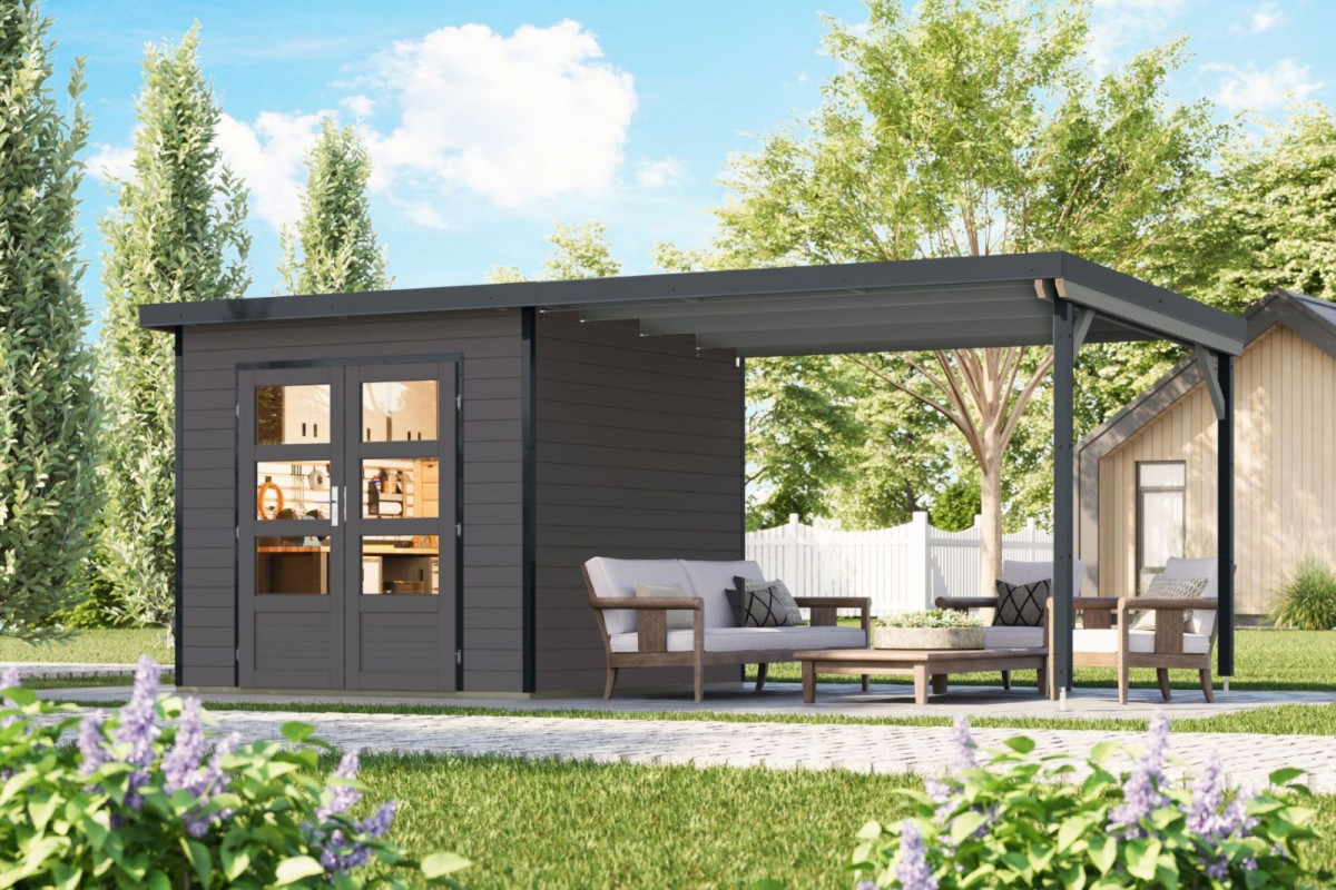 Hybridní domek KARIBU PLUTO 3 (50545) terragrau / antracit + 300 cm přístavek LG4905