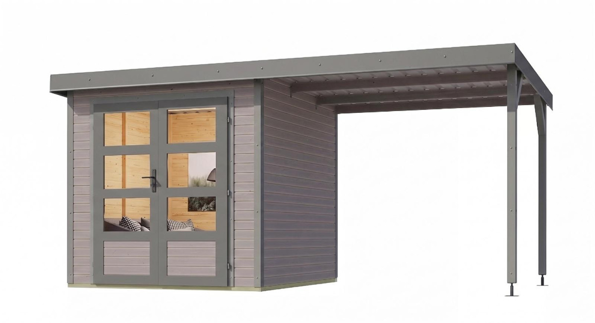 Hybridní domek KARIBU JUPITER 3D (12369) světle šedý / sv. šedá + přístavek 232 cm LG4993