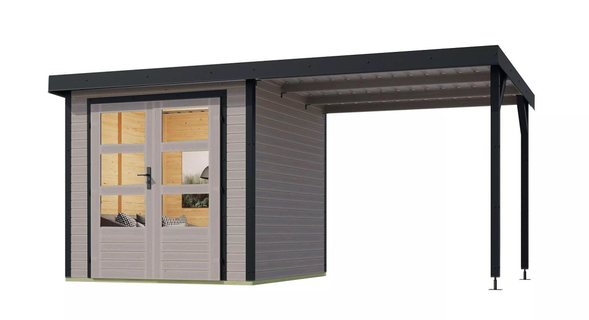 Hybridní domek KARIBU JUPITER 3D (12370) světle šedý / antracit + přístavek 232 cm LG4994