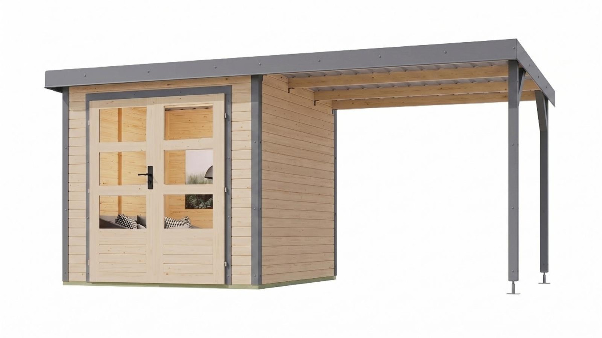 Hybridní domek KARIBU JUPITER 3,5A (12372) natur / sv. šedý + přístavek 232 cm LG4997