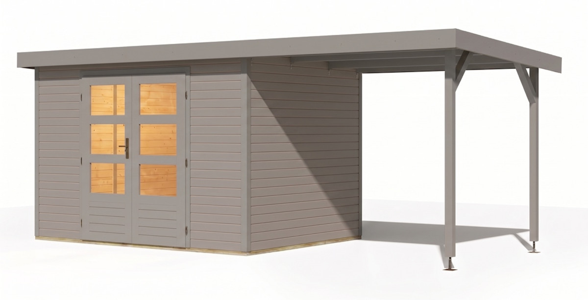 Hybridní domek KARIBU JUPITER 4D (12401) světle šedý / sv. šedá + přístavek 219 cm LG5032