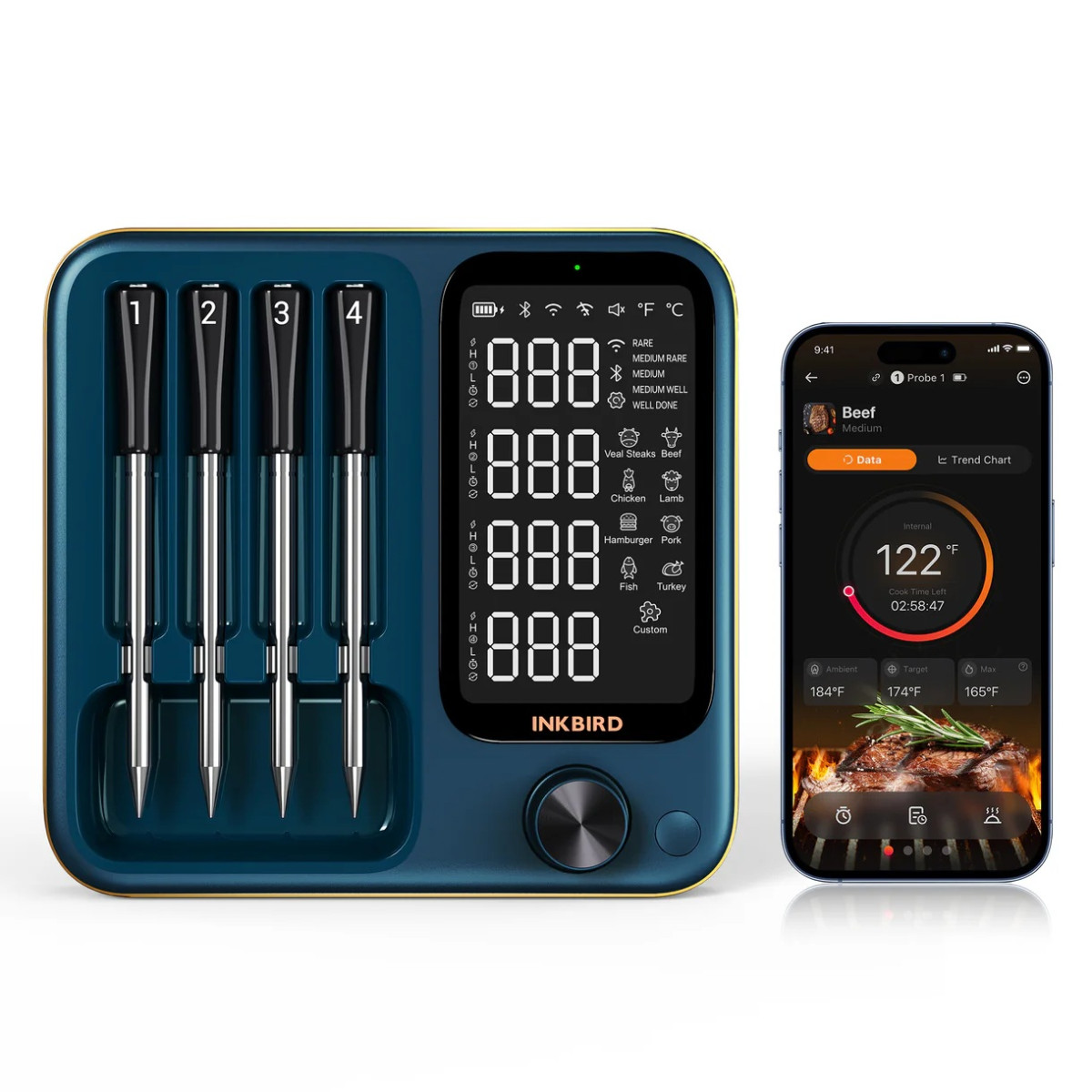 BBQ modrý bezdrátový teploměr se 4 sondami WiFi/100m & Bluetooth/100m Inkbird
