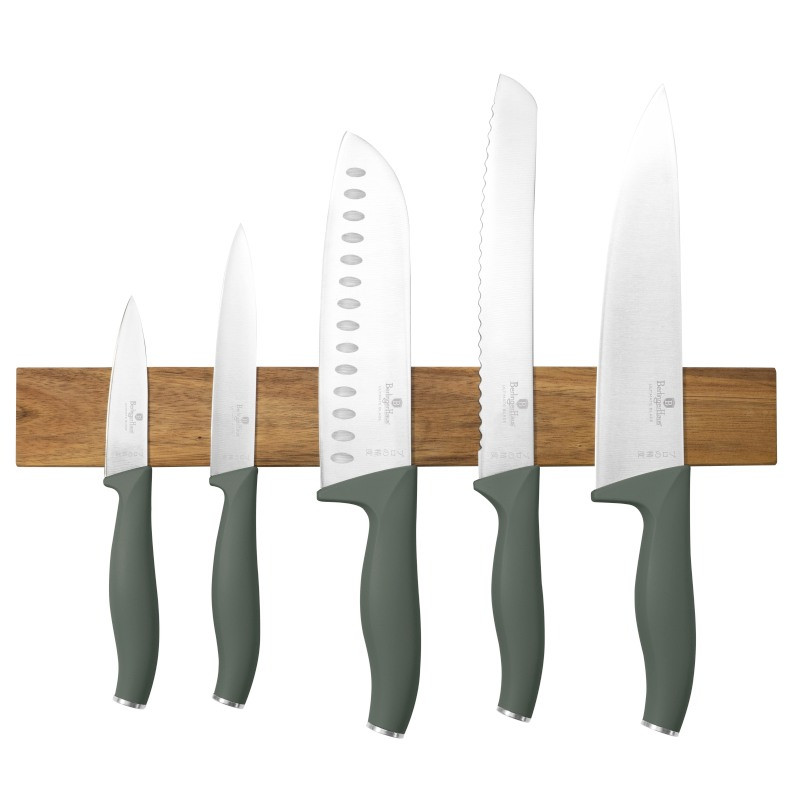 BERLINGERHAUS Sada nožů s magnetickým držákem z akátového dřeva 6 ks Matte Green Collection BH-2978