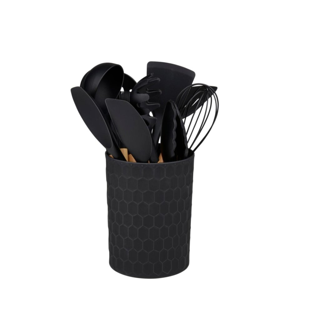 ALPINA Kuchyňské náčiní s bambusovou rukojetí ve stojanu 12 ks 32 cm černá ED-233243