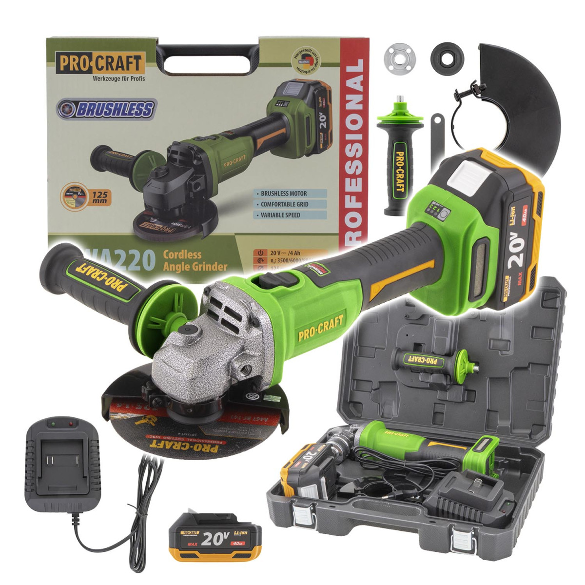 Procraft PWA220 aku úhlová bruska  PWА220, 125mm