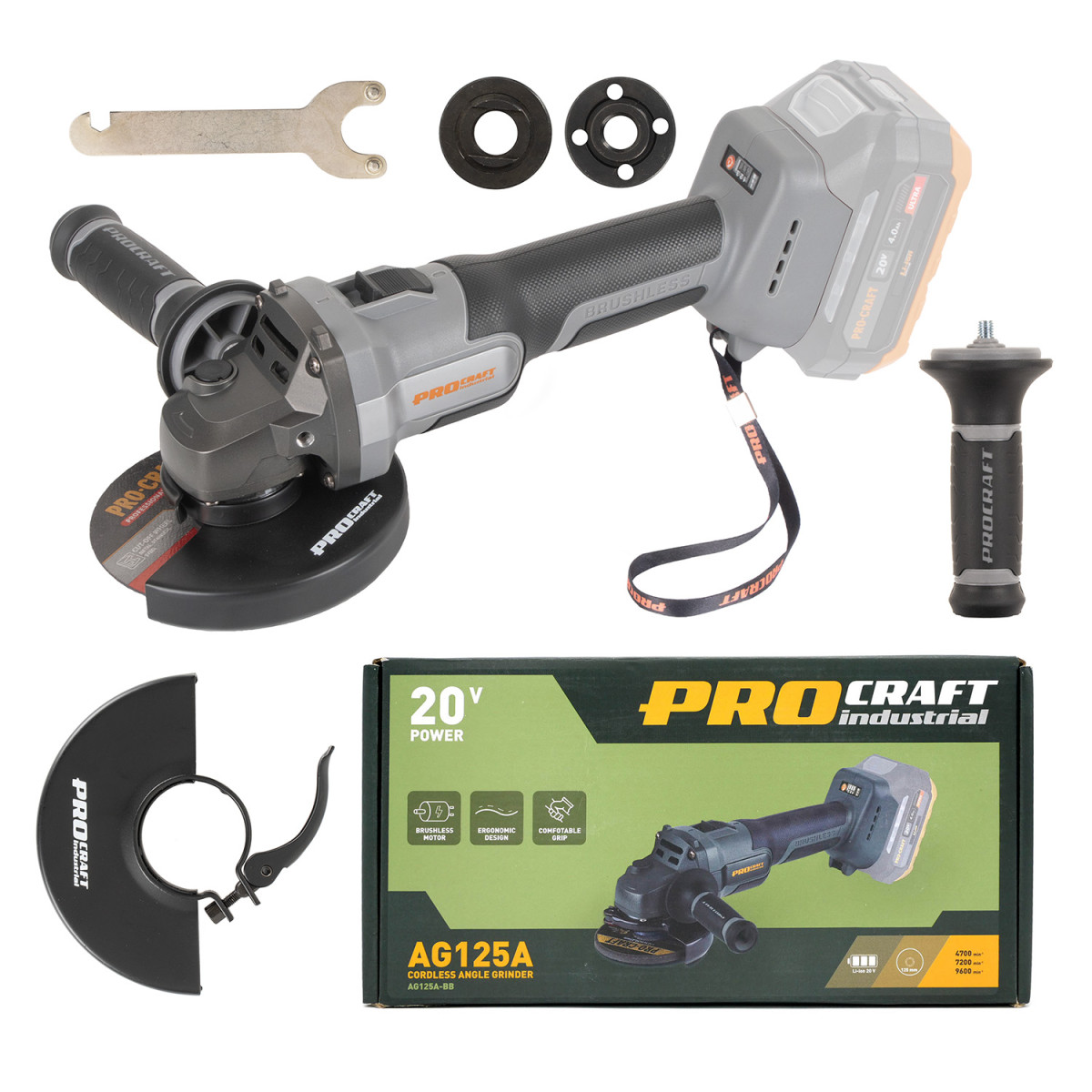 Procraft AG125A bb aku úhlová bruska  Industrial AG125Abb (bez baterie a nabíječky), 125mm