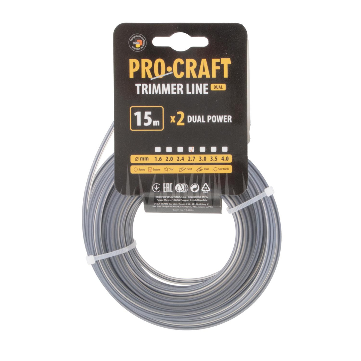 Procraft KV/J-2.7/15 struna žací (s výstuhou) (2.7mm) (15m) čtverec