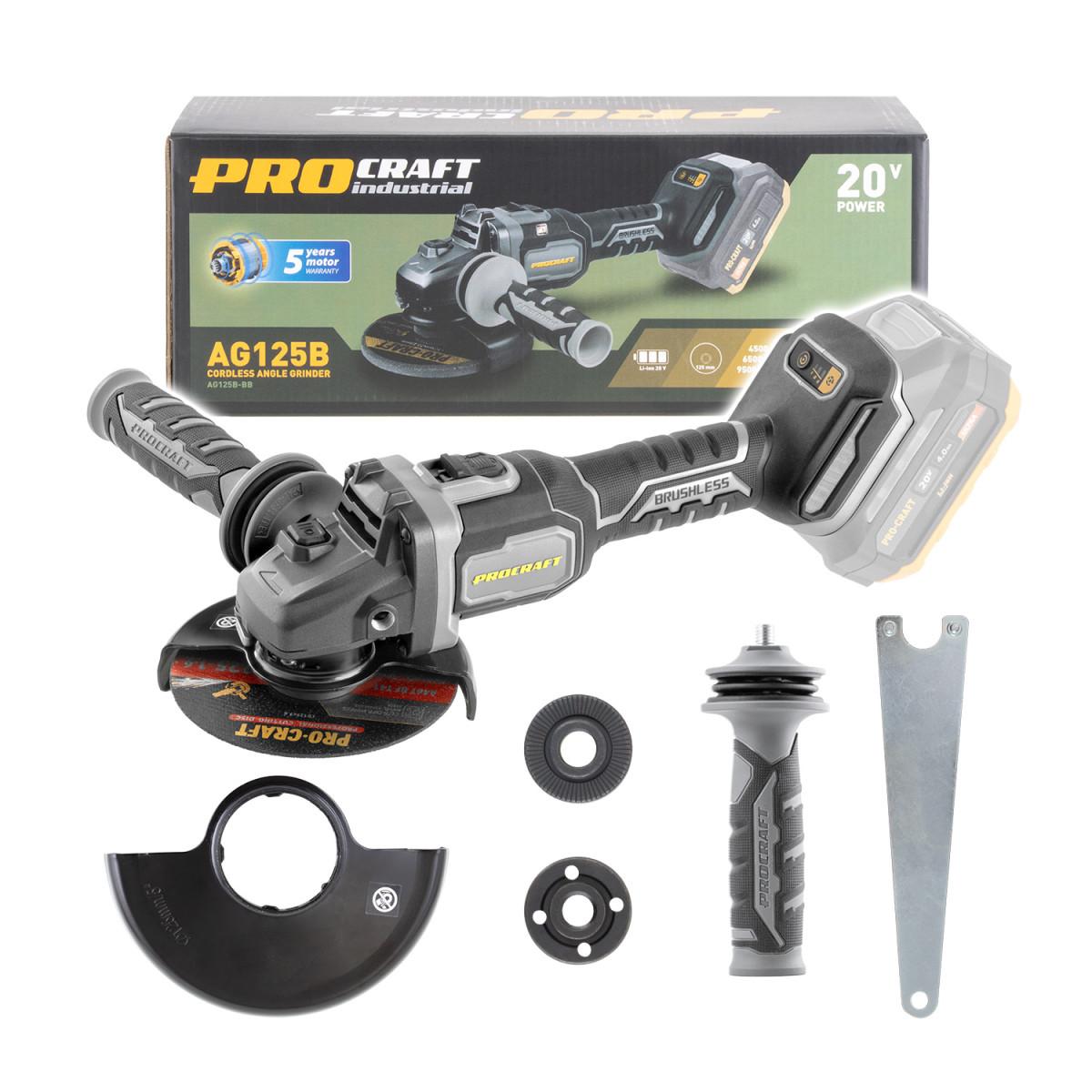 Procraft AG125B-BB aku úhlová bruska  Industrial AG125B (bez baterie a nabíječky), 125mm