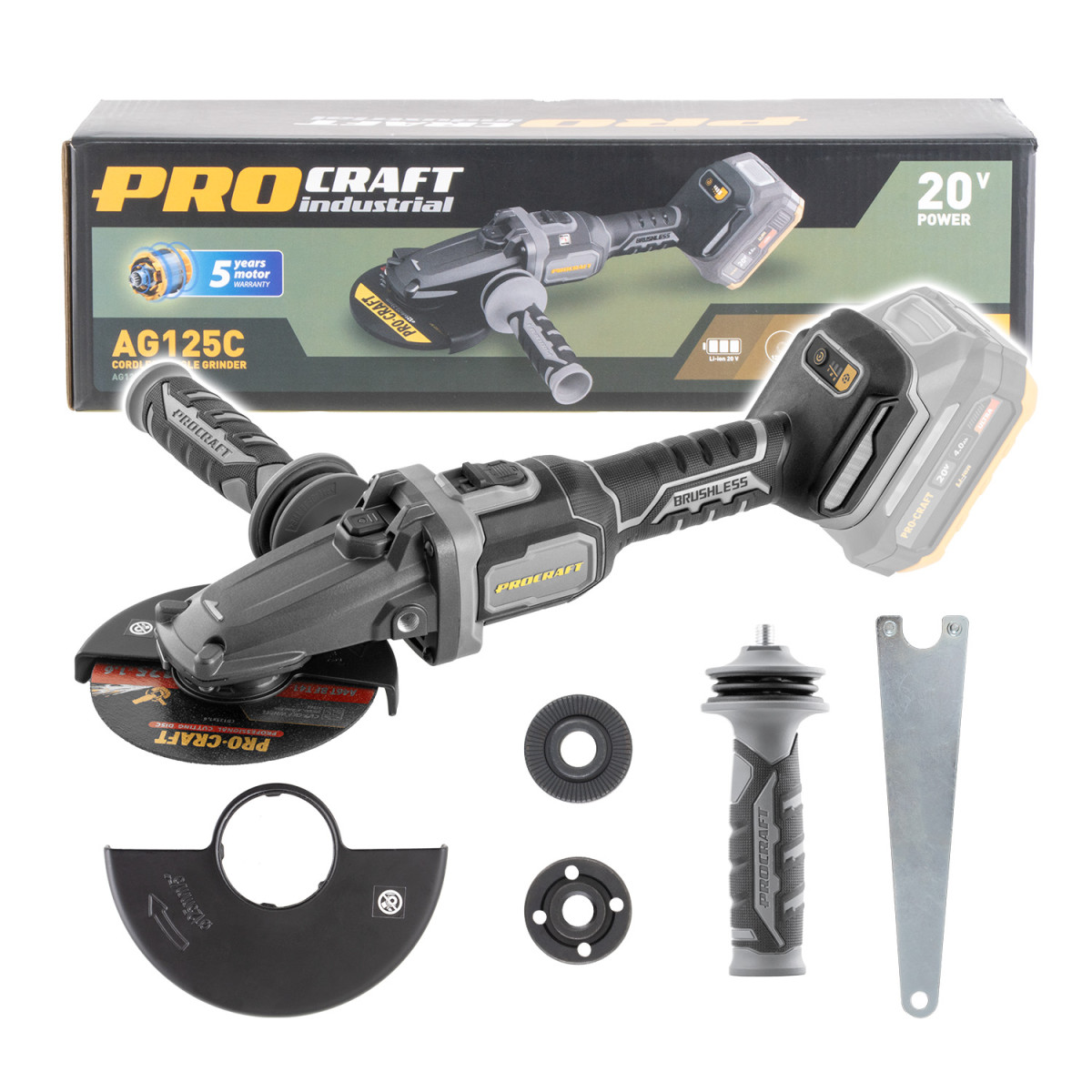Procraft AG125C bb aku úhlová bruska s plochou hlavou  Industrial AG125C (bez baterie a nabíječky), 125mm
