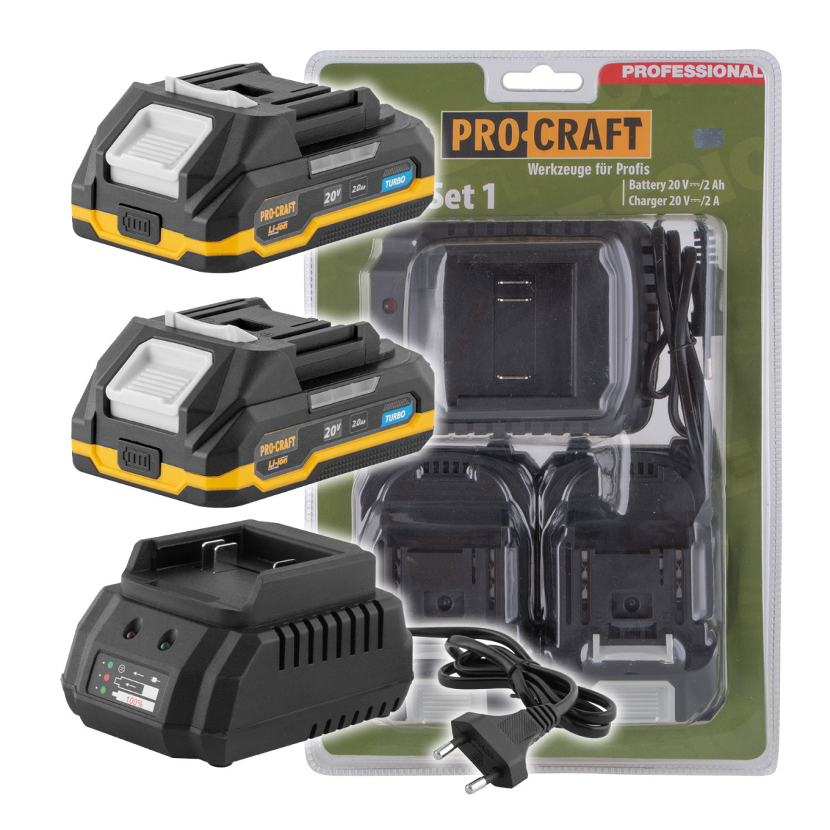 Procraft PBC-Set 1 sada baterie 20V 2Ah (2 ks) + 1 nabíječka