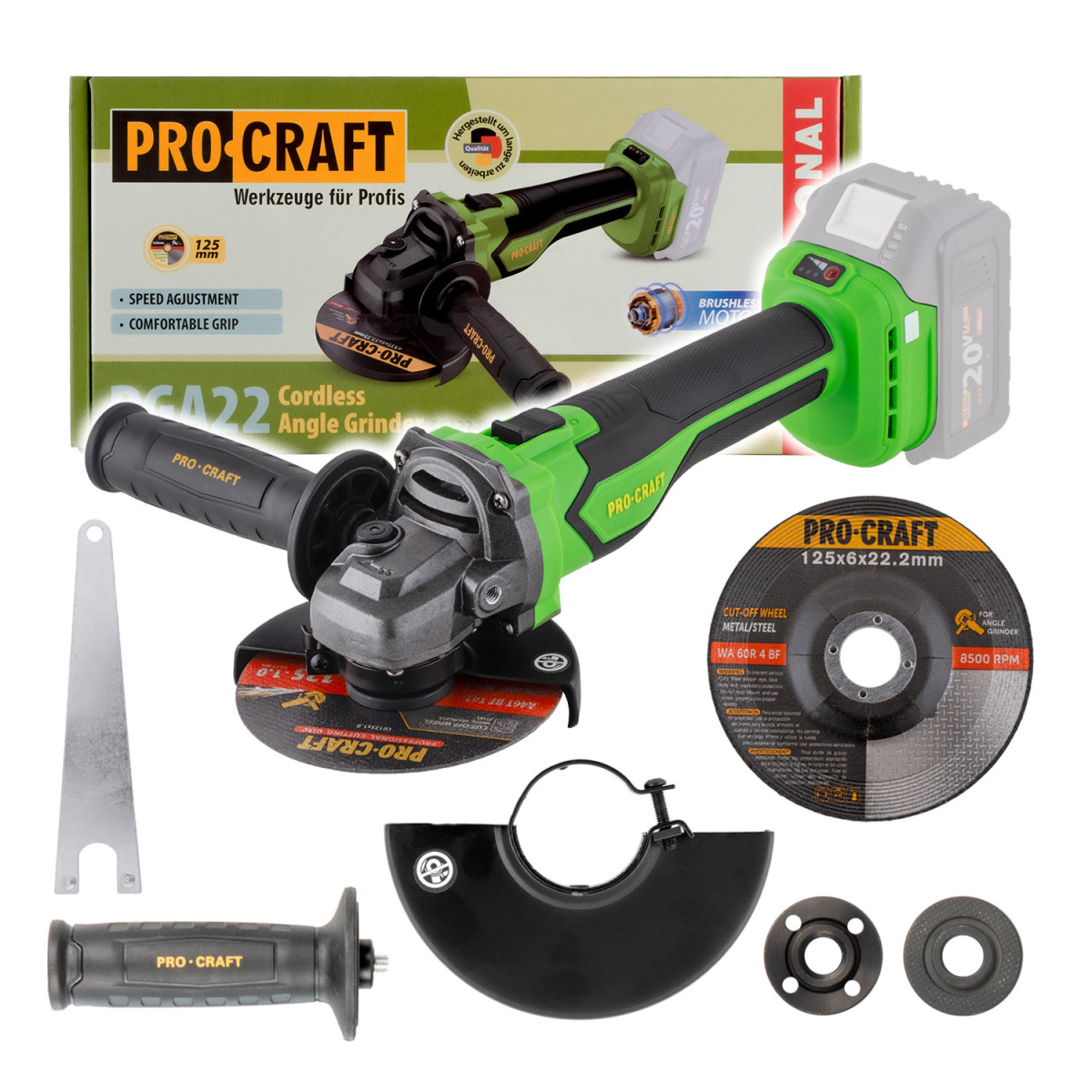Procraft PGA22-BB aku úhlová bruska  PGA22 (bez baterie a nabíječky), 125mm