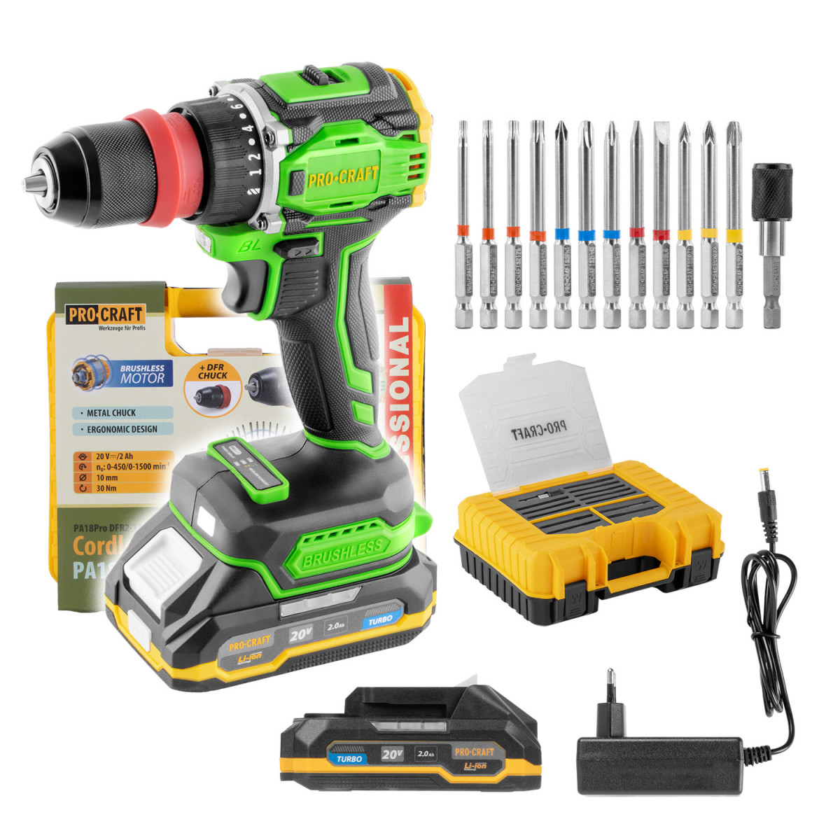 Procraft PA18ProDFR2-1B-C aku šroubovák  PA18ProDFR2 + sada bitů