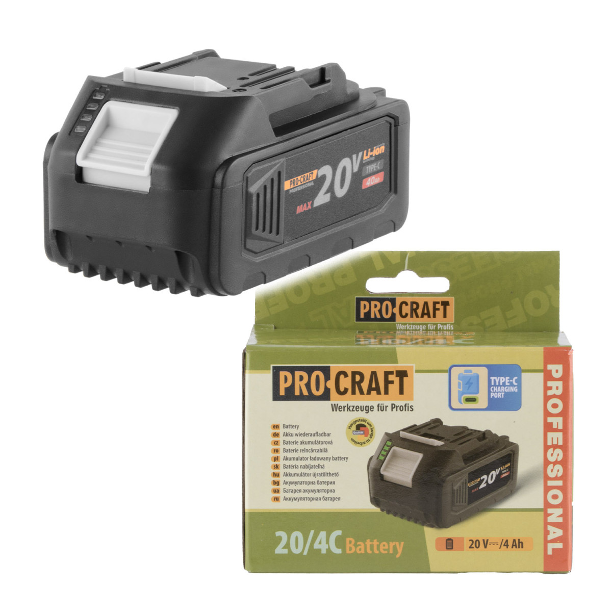 Procraft 20/4C baterie akumulátorová 20V Li-ion, 4000mAh USB Type C