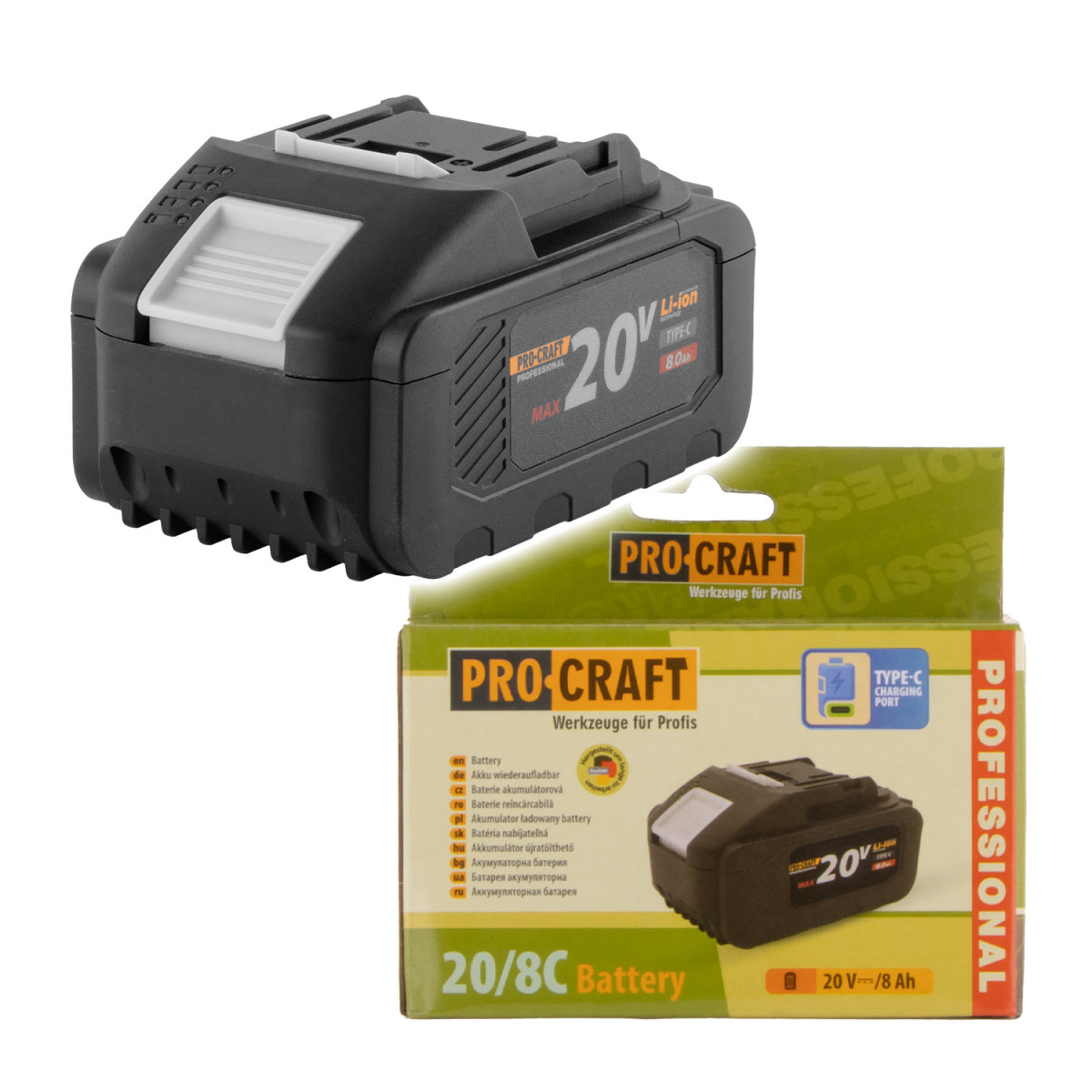 Procraft 20/8C baterie akumulátorová 20V Li-ion, 8000mAh USB Type C