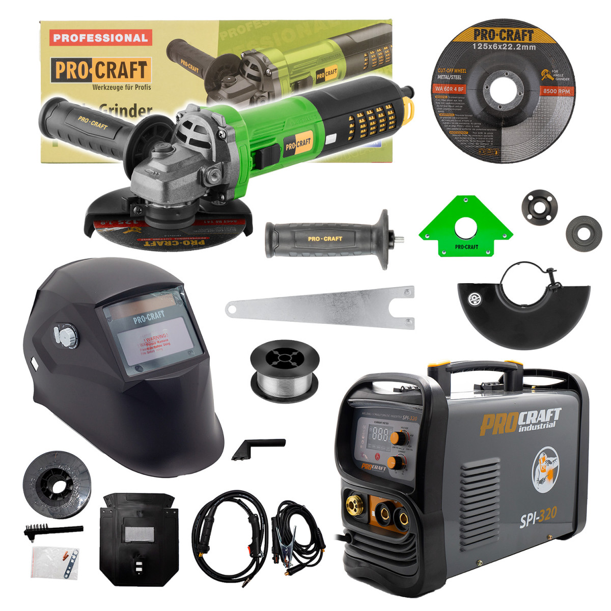 Procraft SSPI-320/PW2450/SPH90 sada svářecí poloautomatický invertor SPI-320 s úhlovou bruskou PW2450 + drát FW81 + kukla + magnet