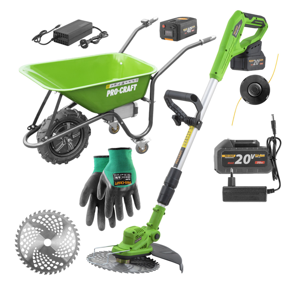 Procraft SPWB150/PTA24-BL/GL-LW9 sada akumulátorové kolečko PWB150, aku vyžínač PTA24-BL a pracovní rukavice GL-LW9