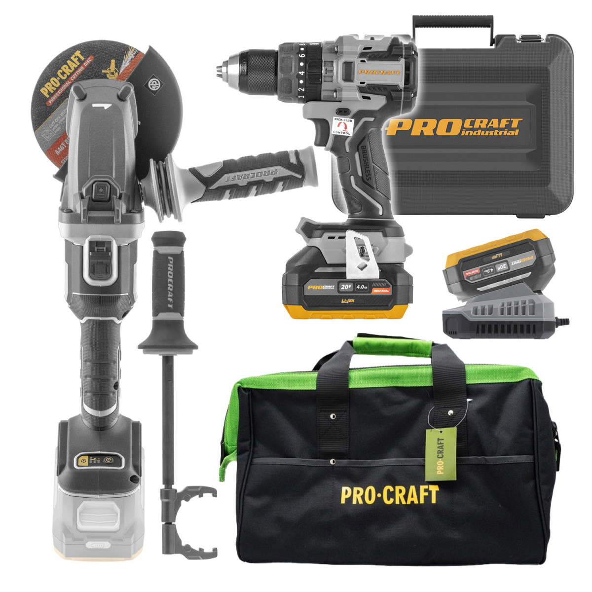 Procraft SCD20B-1b-c/BG400/AG125Cbb sada aku šroubovák s příklepem CD20B-1b-c, aku úhlová bruska  AG125Cbb a brašna BG400