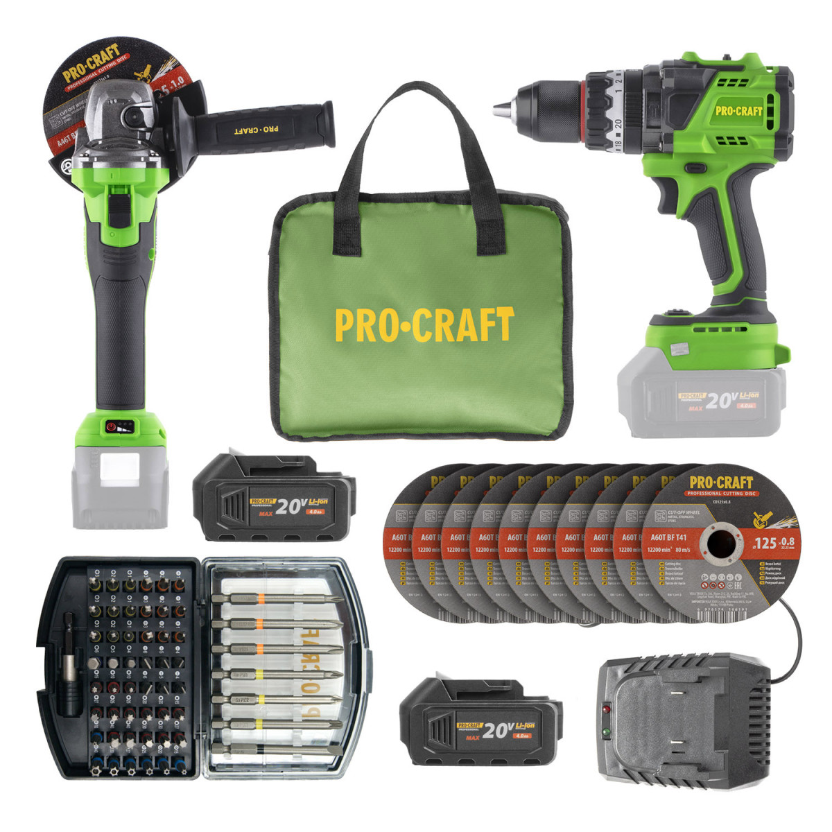 Procraft SPA18ProBL-BB/PGA22-BB/BG500 sada aku šroubováku PA18ProBL-BB a brusky PGA22-BB se 2 bateriemi a příslušenstvím v tašce