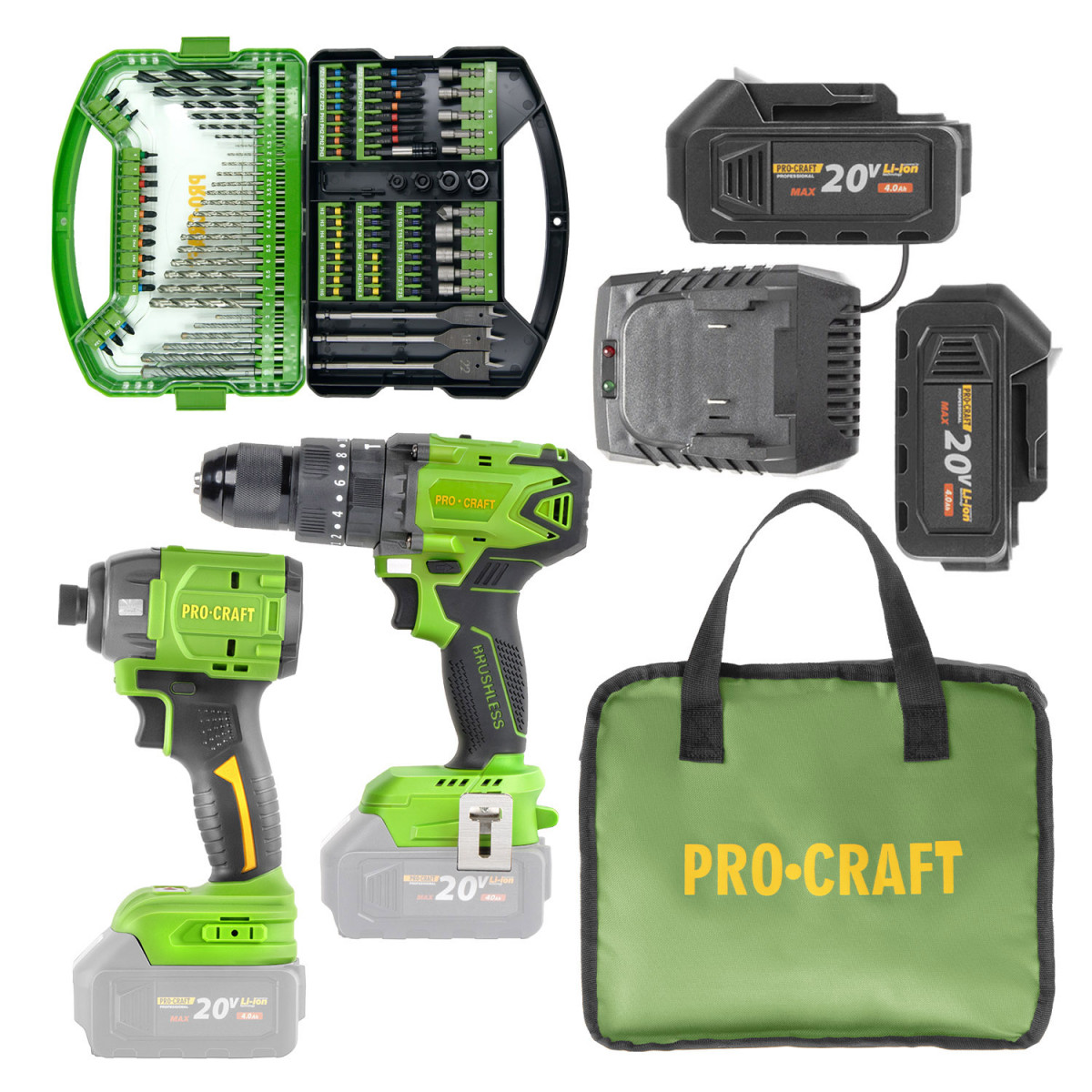Procraft SPS22bb/PA18BL-BB/BG500 sada aku rázový utahovák PS22bb a vrtací šroubovák s příklepem PA18BL-BB se 2 bateriemi