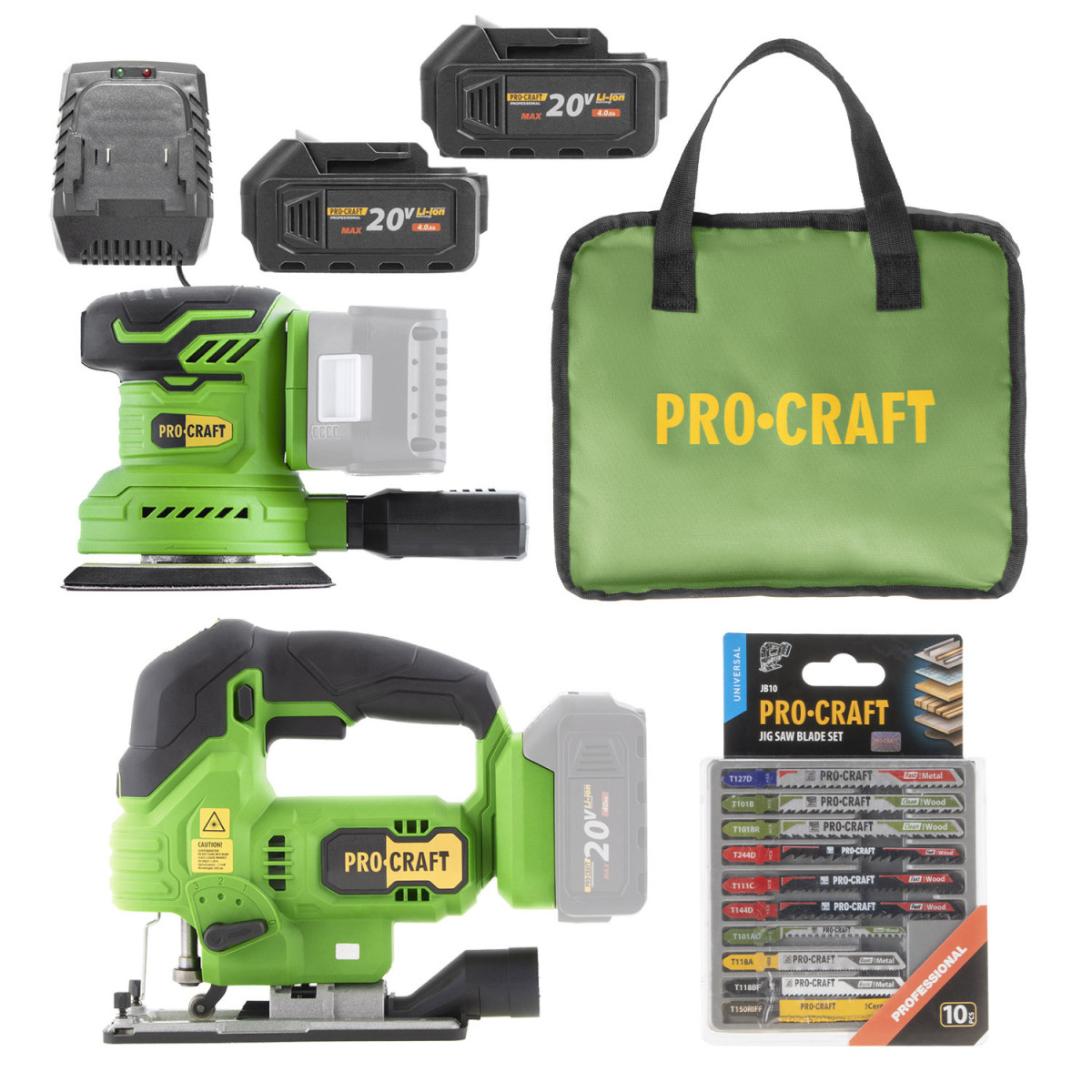 Procraft SPX20BLbb/ST24/BG500 sada aku excentrická bruska PX20BLbb a přímočará pila ST24 se 2 bateriemi a příslušenstvím v tašce