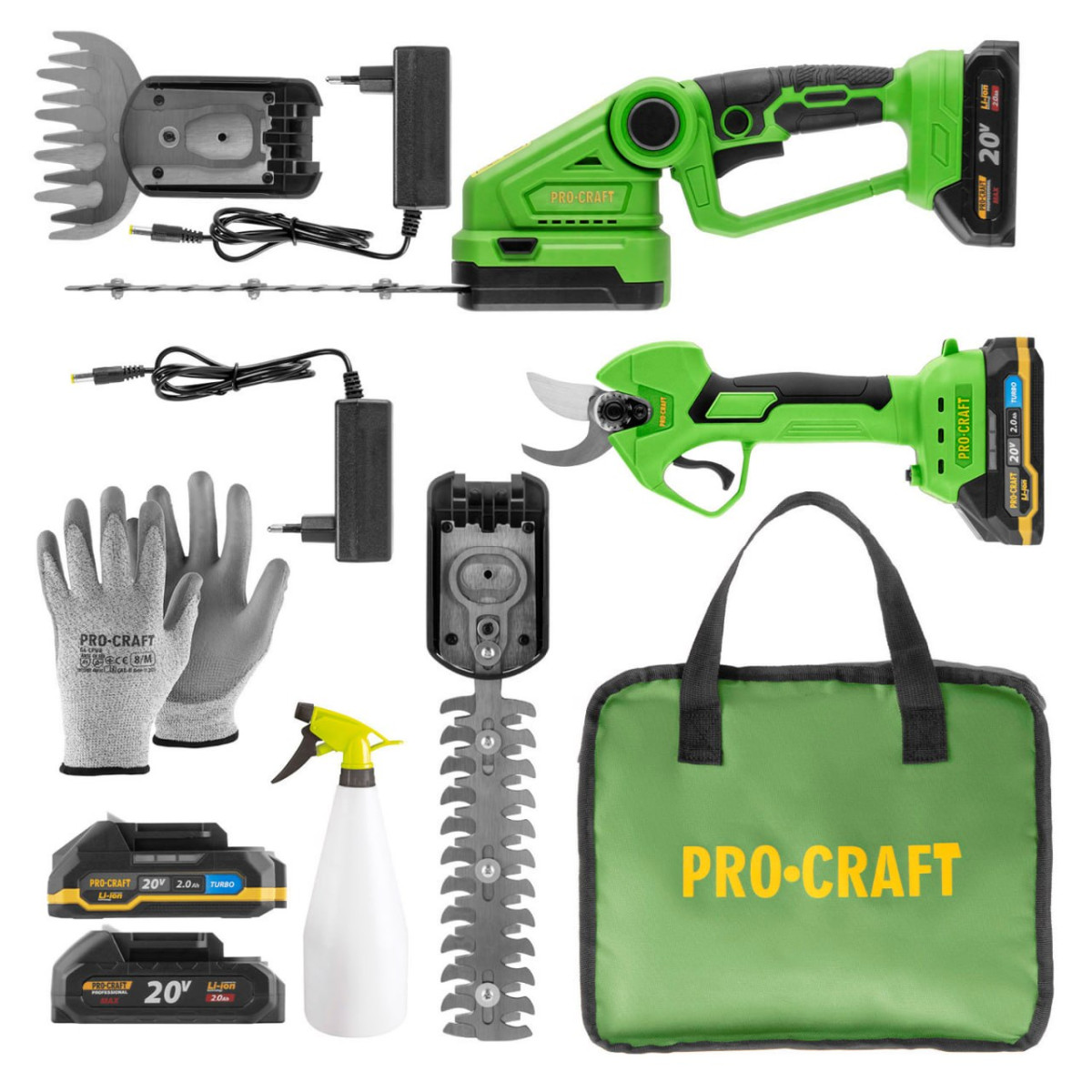 Procraft SPGH2100/ES25Li/BG500 sada aku nůžek na trávu PGH2100 a nůžek na větve ES25Li s postřikovačem a rukavicemi v tašce