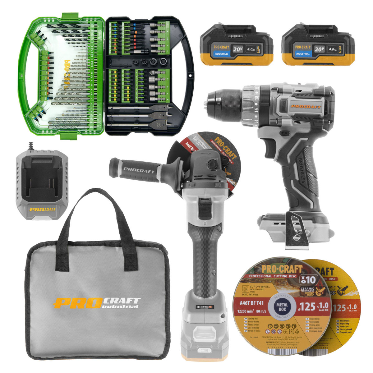 Procraft SAG125A bb/CD20Abb/BI500 sada aku úhlová bruska  Industrial AG125A bb a vrtací šroubovák  Industrial CD20Abb