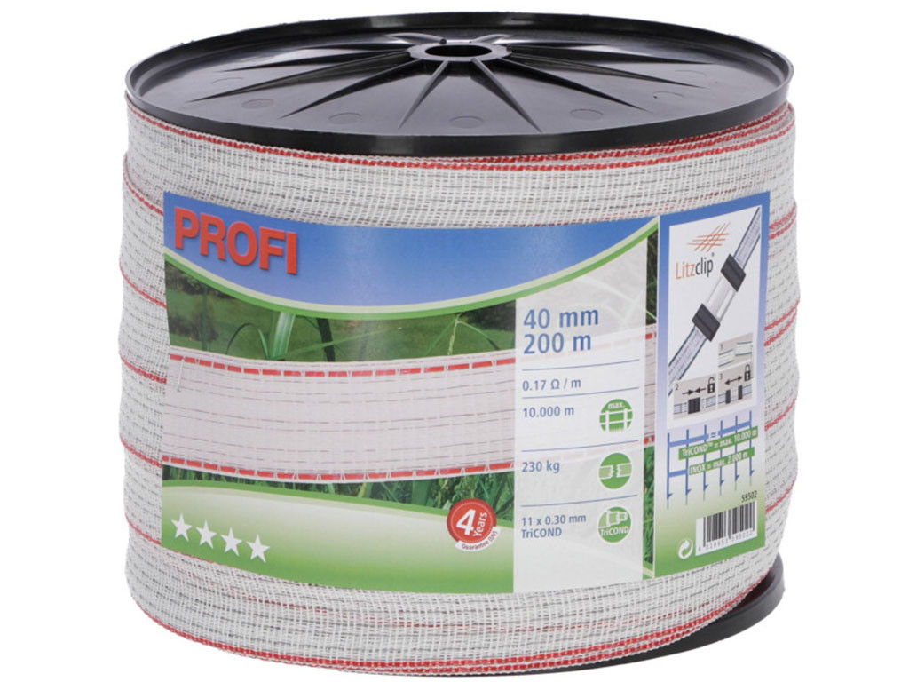 Ohradníková páska KERBL 59502 PROFI 40mm, 200m, 11 x 0,30 TriC, bílá/červená
