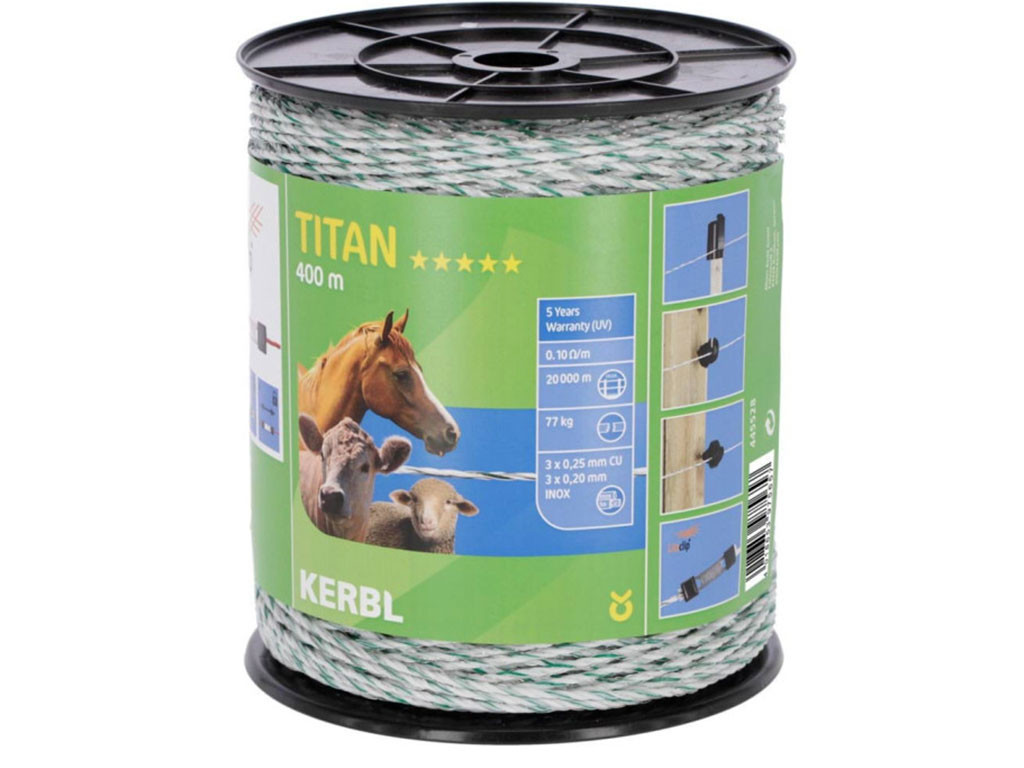 Ohradníkové lanko KERBL 445528 TITAN 400m, 3 x 0,25mm Cu+ 3 x 0,20mm Inox, bílá/zelená