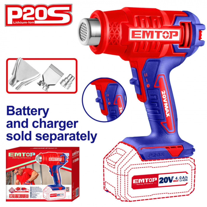 EMTOP Aku horkovzdušná pistole 20V 300/550°C solo