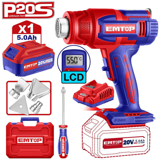 EMTOP Aku horkovzdušná pistole s regulací 20V 30-550°C 1x5.0Ah