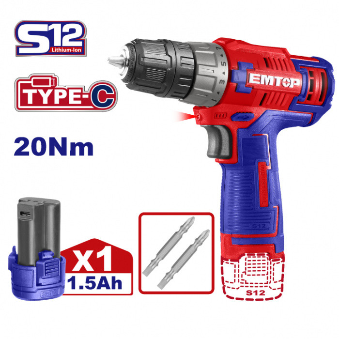 EMTOP Aku vrtací šroubovák 12V 20Nm 1x1.5Ah