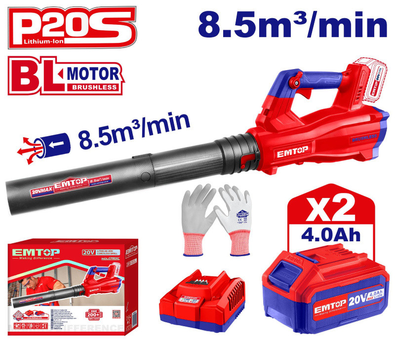 EMTOP Aku fukar 20V 8,5m³/min 2x4.0Ah