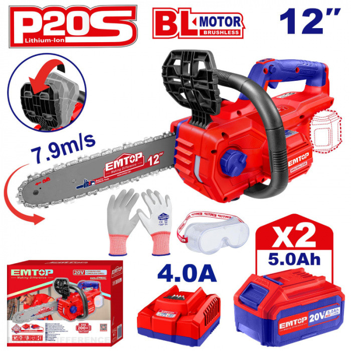 EMTOP Aku řetězová pila 20V 30cm 2x5.0Ah